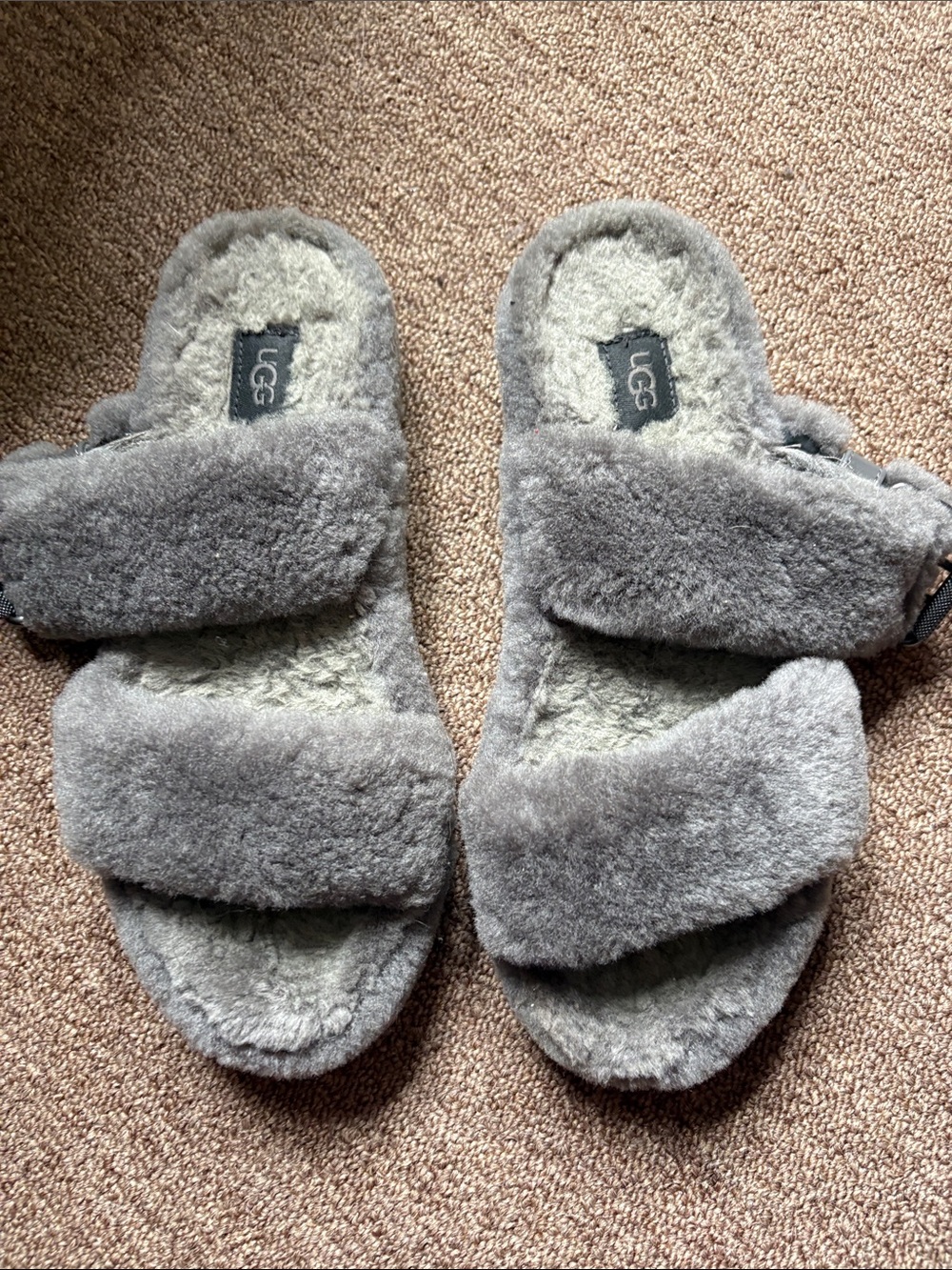 UGG Women's Gray Fuzzy Double-Strap Slide Slippers